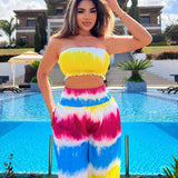 SXY Top sin tirantes de gasa impresa con tie-dye de arco iris y pantalones anchos de pierna ancha con corte holgado, conjunto de 2 piezas para mujeres para vacaciones de verano