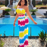 SXY Top sin tirantes de gasa impresa con tie-dye de arco iris y pantalones anchos de pierna ancha con corte holgado, conjunto de 2 piezas para mujeres para vacaciones de verano