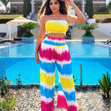 SXY Top sin tirantes de gasa impresa con tie-dye de arco iris y pantalones anchos de pierna ancha con corte holgado, conjunto de 2 piezas para mujeres para vacaciones de verano