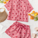 WYWH Conjunto de dos piezas para mujer: blusa de manga corta roja a cuadros con bordado de flores y pantalones cortos para el verano.