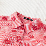 WYWH Conjunto de dos piezas para mujer: blusa de manga corta roja a cuadros con bordado de flores y pantalones cortos para el verano.