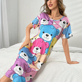 Vestido de dormir de manga corta con estampado de oso de dibujos animados lindo para verano