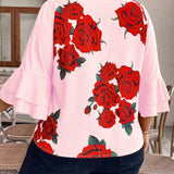 Camisa casual de a grande con estampado de rosa y mangas acampanadas con parches