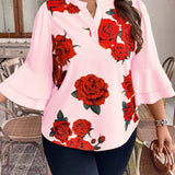 Camisa casual de a grande con estampado de rosa y mangas acampanadas con parches