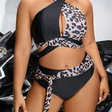 Swim Curve Conjunto de bikini de dos piezas con estampado de leopardo de talla grande y patron floral aleatorio, con corbata separada y parte superior con cuello halter