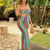 SXY Conjunto de top corto sin tirantes de ganchillo con rayas de colores y pantalones largos para vacaciones de verano, vacaciones en la playa BOHO