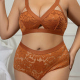 NEW Conjunto de sujetador y panty para mujer con encaje y estampado de flores en tamano grande sin cables de color naranja
