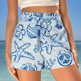 Essnce Shorts de flores azules y blancas para mujeres con estilo de vacaciones en la playa de primavera/verano 2024
