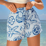 Essnce Shorts de flores azules y blancas para mujeres con estilo de vacaciones en la playa de primavera/verano 2024