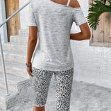 LUNE Conjunto casual de dos piezas para mujer de camiseta de manga corta con cuello asimetrico y leggings con estampado de leopardo de corazon para verano