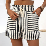 LUNE Shorts informales a rayas con bloques de color y cintura con bolsa de papel para vacaciones