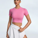 Sport Lifespree Camiseta de deportes rosa para mujer, sin costuras, tejido elastico y comodo, de manga corta