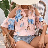 Blusa de ocio de vacaciones con hombros descubiertos y estampado floral para mujer