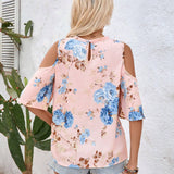 Blusa de ocio de vacaciones con hombros descubiertos y estampado floral para mujer