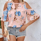 Blusa de ocio de vacaciones con hombros descubiertos y estampado floral para mujer