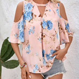 Blusa de ocio de vacaciones con hombros descubiertos y estampado floral para mujer