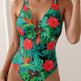 Swim Traje de bano de una pieza con huecos estampados para mujeres para vacaciones en la playa, patron de impresion al azar