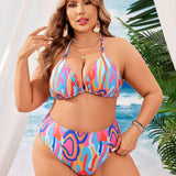 Swim Vcay Conjunto de tankini con cuello halter de rayas e impresion para mujer de talla grande con vestido de cubierta de mangas cortas, ropa de playa para el verano