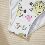 Mr Men Little Miss X  Traje de bano de una pieza para mujer con estampado floral y de dibujos animados, con tirantes cruzados en la espalda y sin respaldo