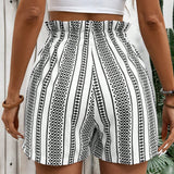 VCAY Shorts holgados de mujer con diseno de estampado geometrico, ribete de volantes, cintura ajustable con lazo