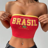EZwear Top tubular corto estilo brasileno de verano con letras impresas, corte ajustado