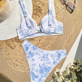 Swim Mod Set de bikini sexy con estampado floral para mujer, ideal para vacaciones, diseno de estampado aleatorio
