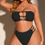 Swim Vcay Conjunto de bikini sexy de talla grande para verano en unicolor para playa con top hueco sin tirantes y Bottom triangular