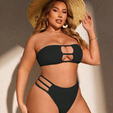 Swim Vcay Conjunto de bikini sexy de talla grande para verano en unicolor para playa con top hueco sin tirantes y Bottom triangular