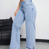 EZwear Jeans de pierna recta para mujer con bolsillos, cortes laterales y ajuste holgado
