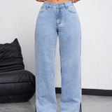 EZwear Jeans de pierna recta para mujer con bolsillos, cortes laterales y ajuste holgado
