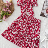 WYWH Vestido de dos piezas para mujer de WYWH con estampado floral rojo y blanco para vacaciones, falda con ribete de volantes y parte superior bandeau con nudo al frente