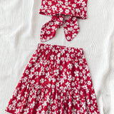 WYWH Vestido de dos piezas para mujer de WYWH con estampado floral rojo y blanco para vacaciones, falda con ribete de volantes y parte superior bandeau con nudo al frente