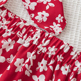 WYWH Vestido de dos piezas para mujer de WYWH con estampado floral rojo y blanco para vacaciones, falda con ribete de volantes y parte superior bandeau con nudo al frente