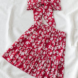 WYWH Vestido de dos piezas para mujer de WYWH con estampado floral rojo y blanco para vacaciones, falda con ribete de volantes y parte superior bandeau con nudo al frente