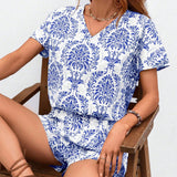 LUNE Conjunto de 2 piezas de camiseta de manga corta con estampado en v-cuello y shorts estilo vacaciones para mujer, verano