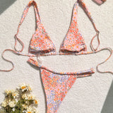 Swim Vcay Conjunto de bikini sexy con estampado floral disperso para vacaciones de mujeres, estampado aleatorio