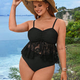 Swim Vcay Conjunto de bikini de dos piezas elegante y sexy para tallas grandes con abertura encaje y unicolor con parte superior