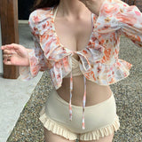 NEW DAZY Conjunto de bikini para mujer con shorts atados al cuello en unicolor, combinado con cubierta floral de manga larga tipo kimono para la playa o vacaciones