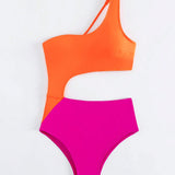 Traje de bano de una pieza de verano con un hombro descubierto y diseno hueco de bloques de color, sexy y energico, ideal para piscina y playa