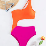 Traje de bano de una pieza de verano con un hombro descubierto y diseno hueco de bloques de color, sexy y energico, ideal para piscina y playa