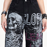 ROMWE Grunge Punk Jeans para mujer de estilo informal de pierna recta con estampado digital de eslogan de palabras, diseno fresco de estilo Punk de calle con llama de craneo y apariencia desgastada de estilo vintage