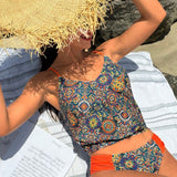 VCAY Conjunto de traje de bano de camiseta estampada y tankini triangular plisado para mujer de verano en la playa