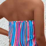 VCAY Conjunto de tankini para mujeres de vacaciones en la playa con estampado de rayas coloridas y parte superior bandeau y Bottom triangular