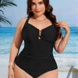 Swim Vcay Traje de bano tankini casual y recogido de talla grande para mujeres, de unicolor para la playa en verano, con espalda con tiras