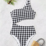 Swim Traje de bano de una pieza para mujer con cuello asimetrico, estampado de cuadros, cintura hueca y ideal para el verano en la playa.