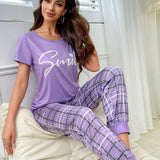 Conjunto de pijama casual para mujeres con estampado de cuadros
