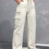 EZwear Jeans casuales de pierna recta y ajuste holgado para damas con cintura de cordon y bolsillos laterales