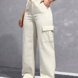 EZwear Jeans casuales de pierna recta y ajuste holgado para damas con cintura de cordon y bolsillos laterales