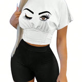 Slayr Conjunto de top de manga corta con cuello de pie con diseno de pestanas y shorts para mujer