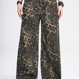 ROMWE Grunge Punk Jeans casuales Y2K de longitud completa con estampado de leopardo y pierna ancha para mujeres